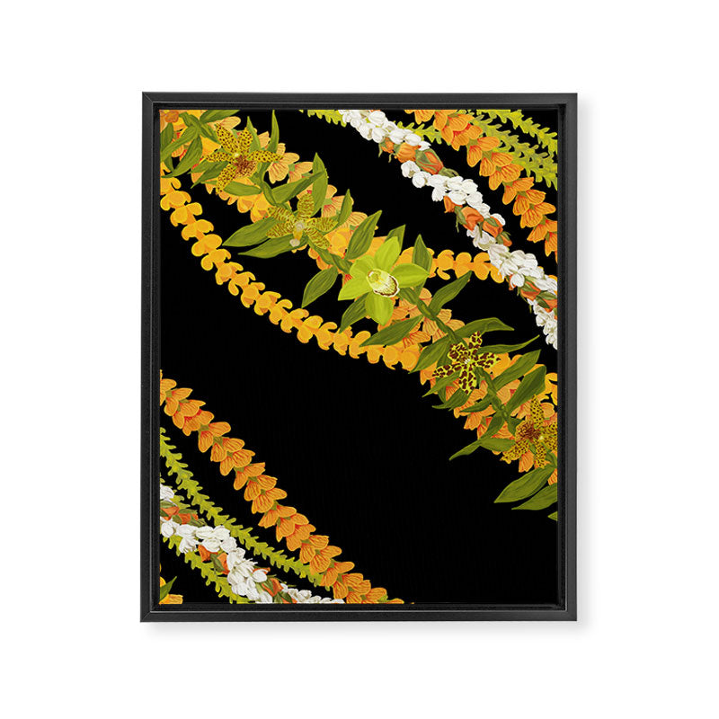 Diagonal Lei Pikake and Orange Lokelani Ti Leaf Puakenikeni Lantern Ilima Framed Canvas Print Gallery Image 8