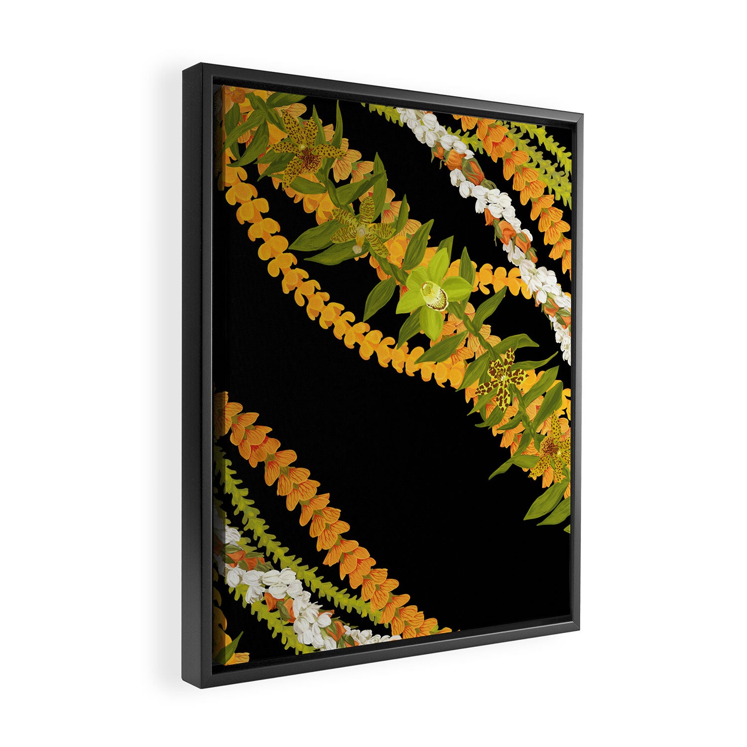 Diagonal Lei Pikake and Orange Lokelani Ti Leaf Puakenikeni Lantern Ilima Framed Canvas Print Gallery Image 2