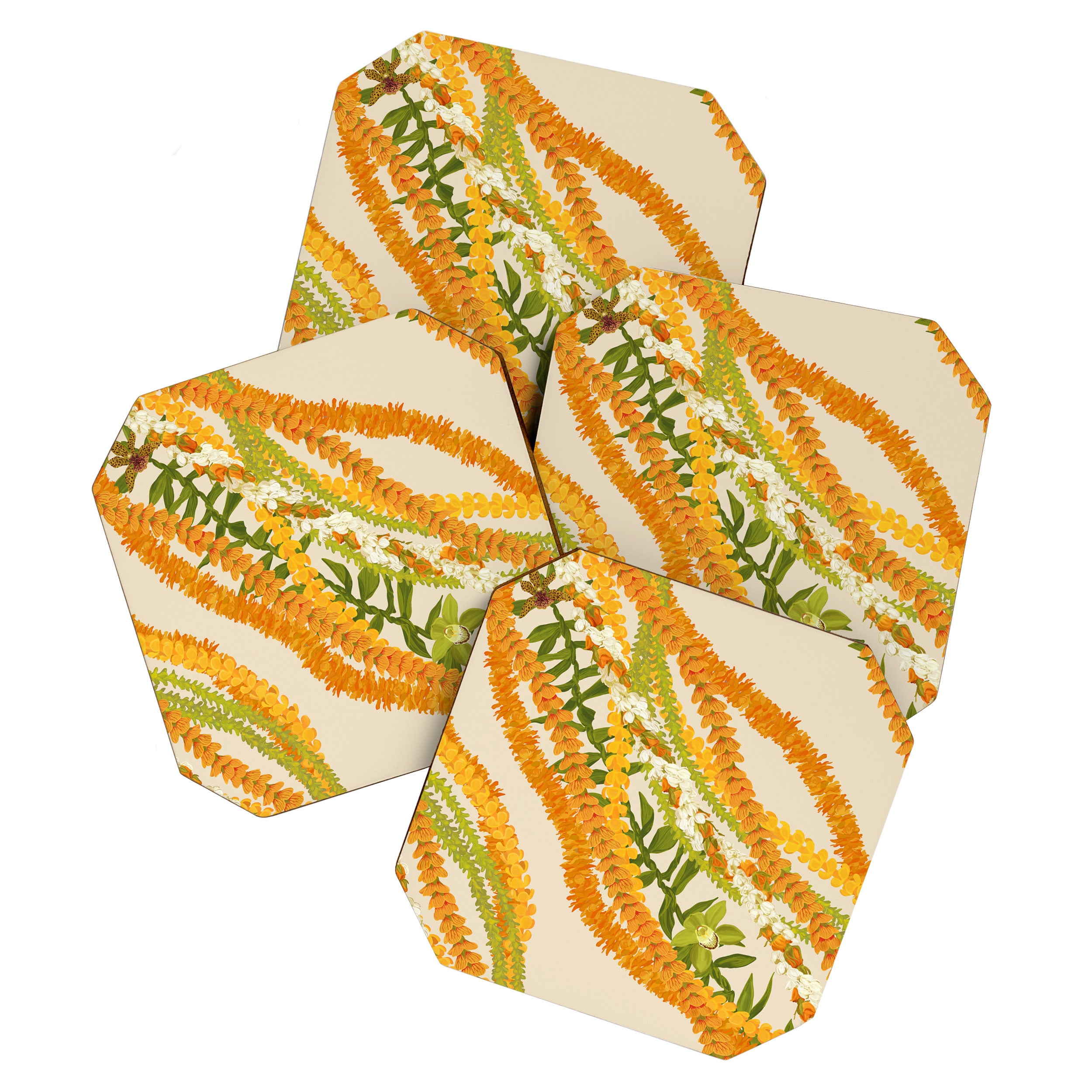 Diagonal Lei Pikake Orange Lokelani Pakalana Puakenikeni tileaf on beige Coaster Gallery Image 1