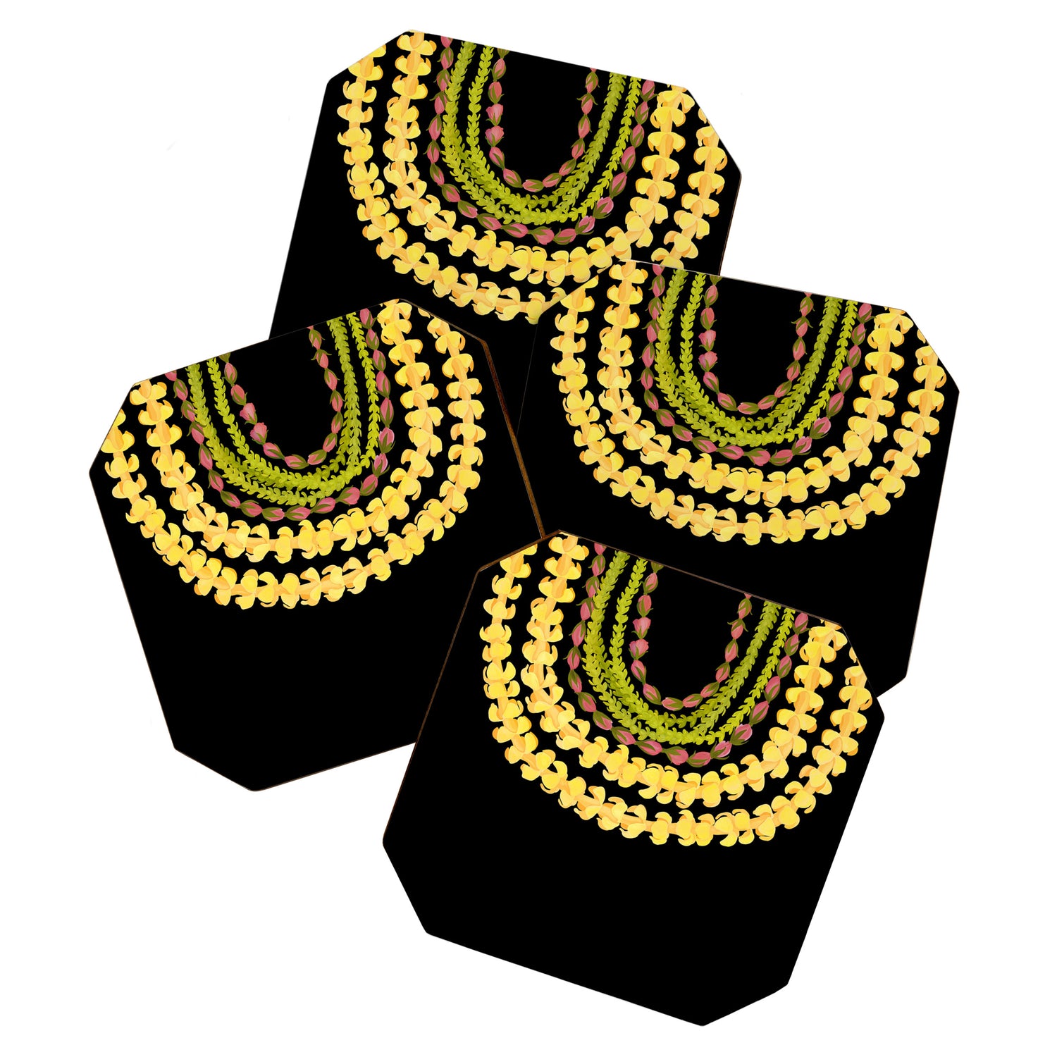 Lei Drape Puakenikeni Palaka Lokelani on black Coaster Gallery Image 1