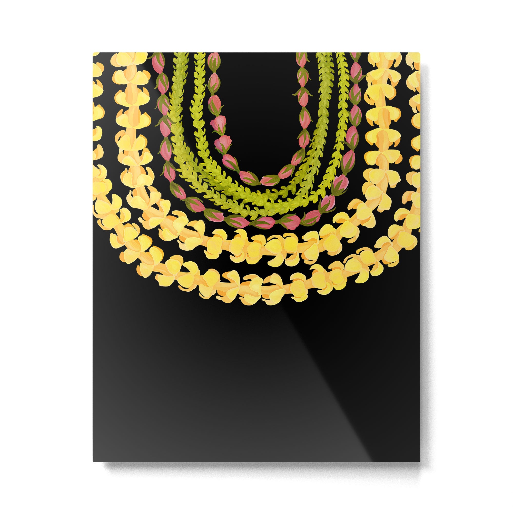 Lei Drape Puakenikeni Palaka Lokelani on black Metal Print Gallery Image 6