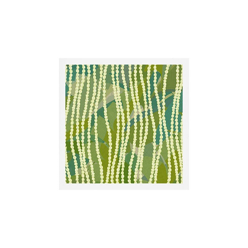 Pikake Lei strands over textured banana leaves Art Print Gallery Image 1