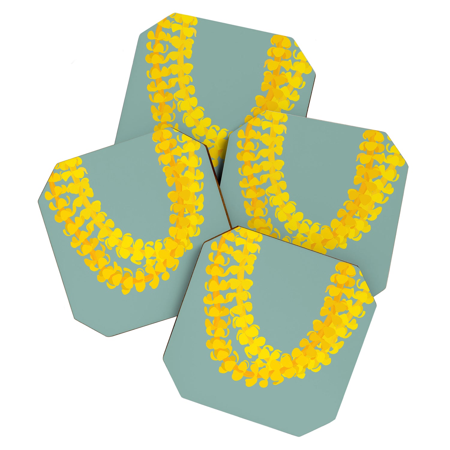 Puakenikeni lei drape on blue Coaster Gallery Image 1