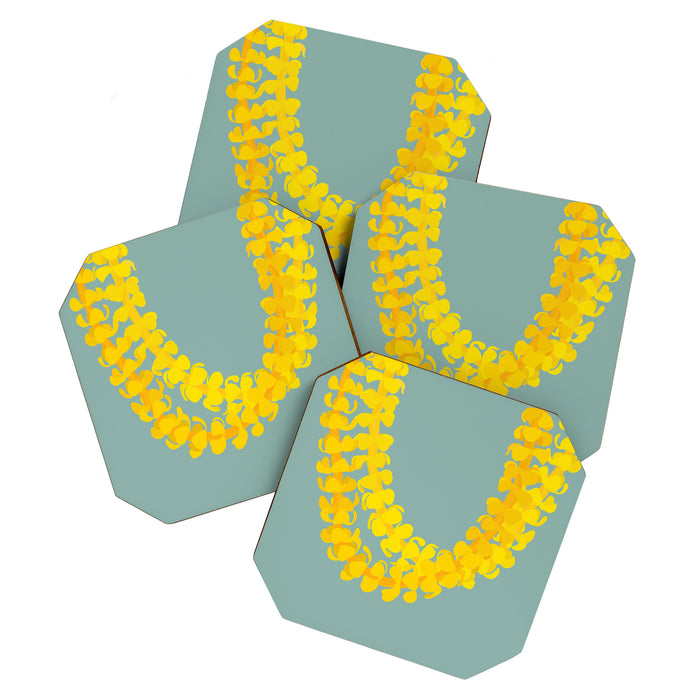 Puakenikeni lei drape on blue Coaster Gallery Image 1