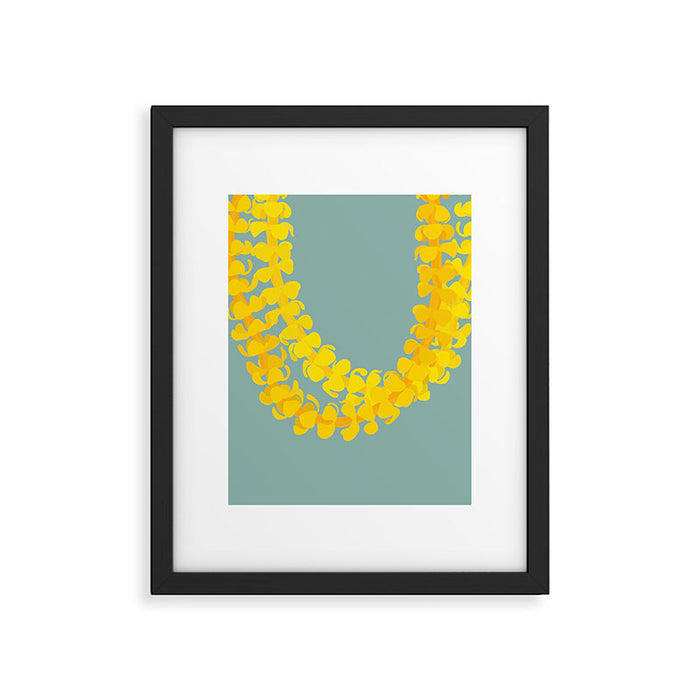 Puakenikeni lei drape on blue Framed Art Print Gallery Image 1
