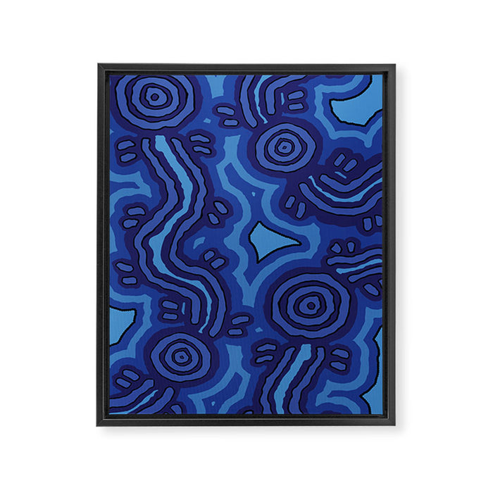 Authentic Aboriginal Art - Blue Campsites Framed Canvas Print Gallery Image 1