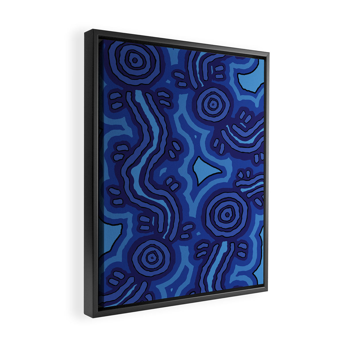 Authentic Aboriginal Art - Blue Campsites Framed Canvas Print Gallery Image 2