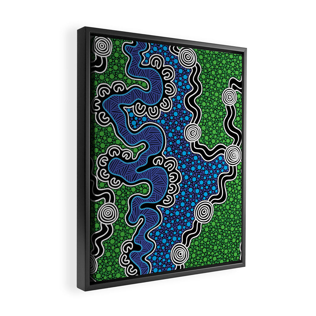 Authentic Aboriginal Art - The River (green) Framed Canvas Print Gallery Image 2