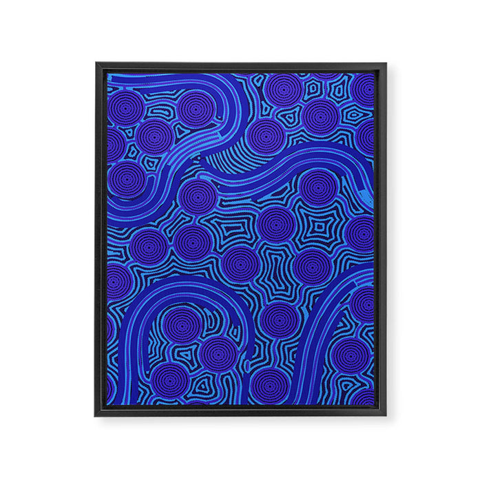 The Rivers around Us (blue) - Authentic Aboriginal Art Framed Canvas Print Gallery Image 1