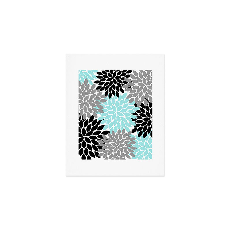 Aqua Black Gray Flower Burst Floral Pattern Art Print Gallery Image 1