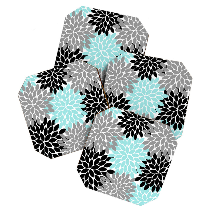 Aqua Black Gray Flower Burst Floral Pattern Coaster Gallery Image 1