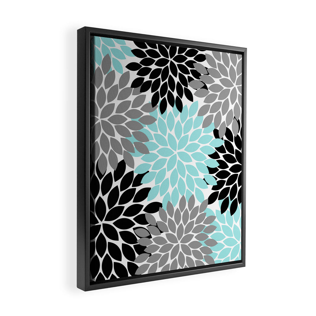 Aqua Black Gray Flower Burst Floral Pattern Framed Canvas Print Gallery Image 2