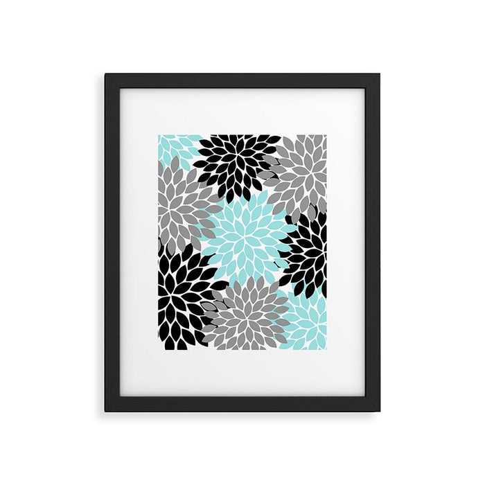 Aqua Black Gray Flower Burst Floral Pattern Framed Art Print Gallery Image 1
