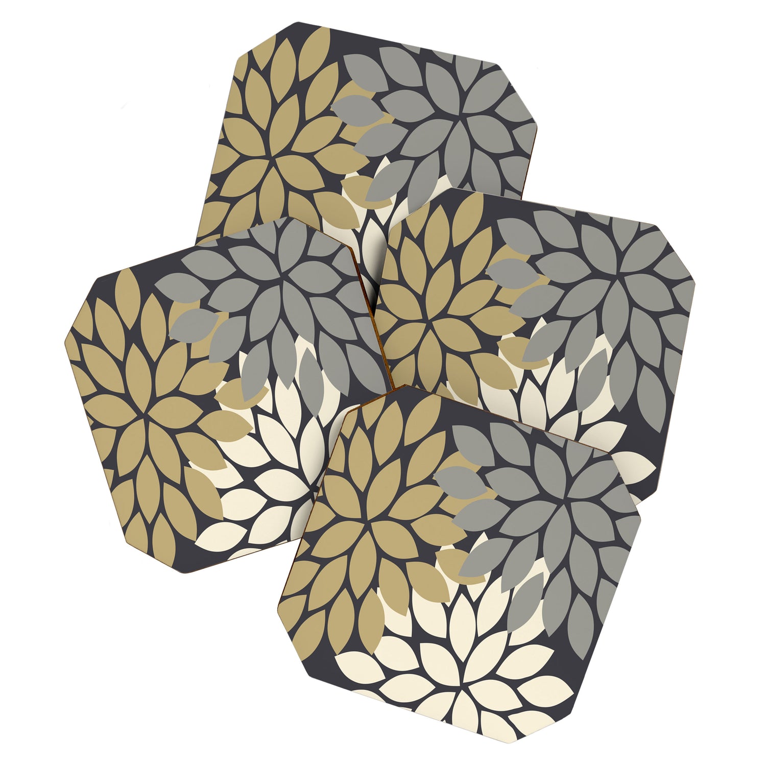 Bold Colorful Gold Ivory Charcoal Grey Dahlia Flower Burst Petals Coaster Gallery Image 1