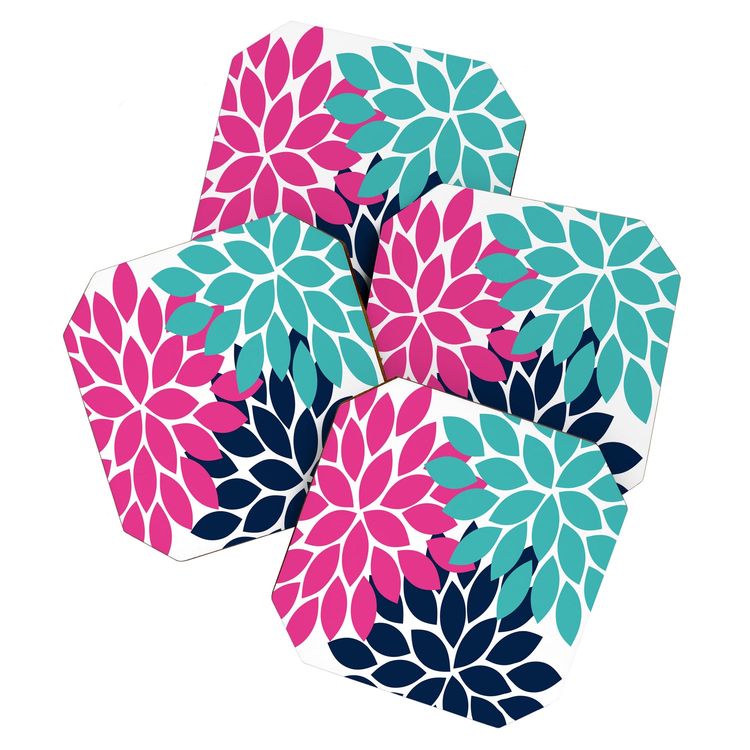 Bold Colorful Hot Pink Turquoise Navy Dahlia Flower Burst Petals Coaster Gallery Image 1