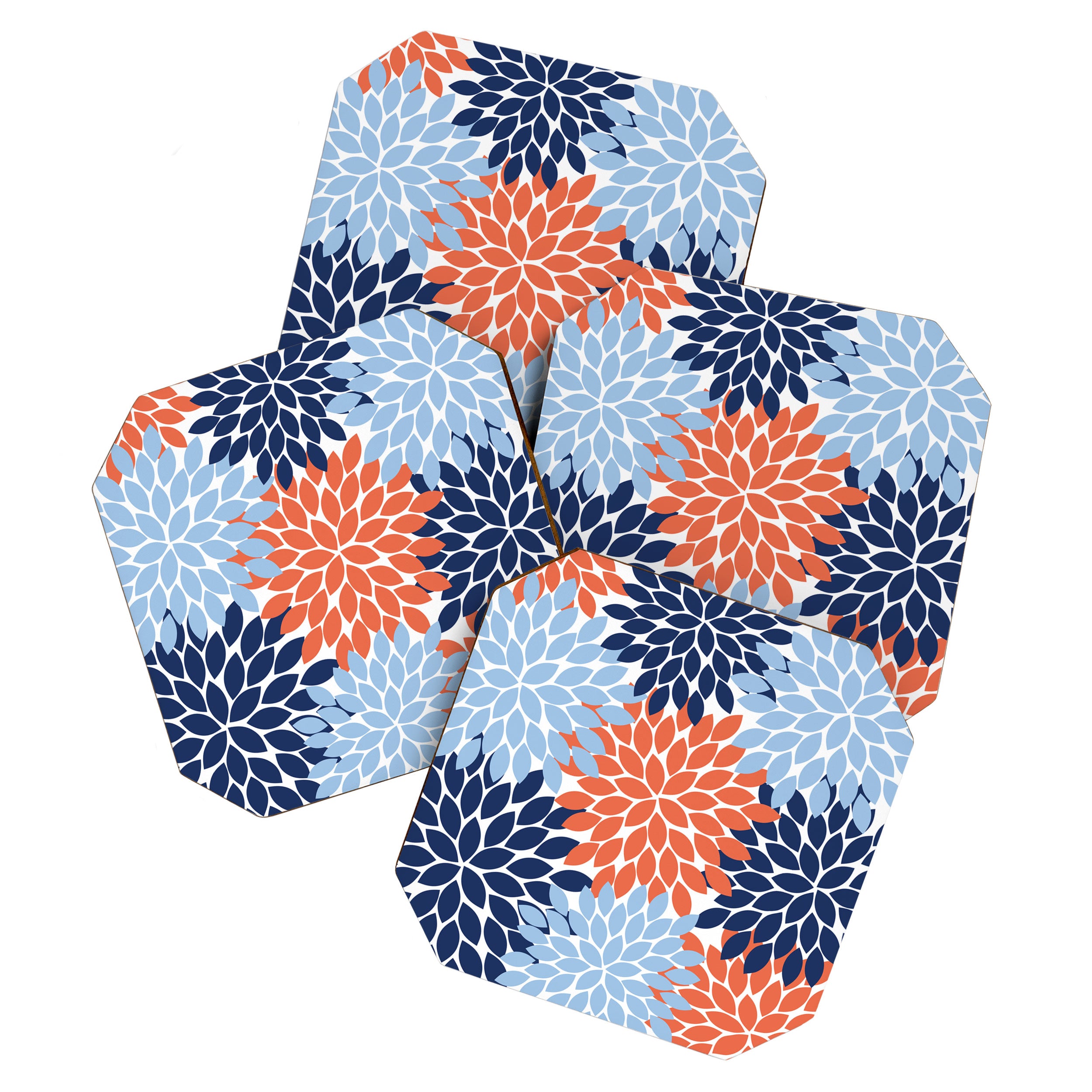 Navy Blue Orange Flower Burst Floral Pattern Dahlia Flower Petals Coaster Gallery Image 1