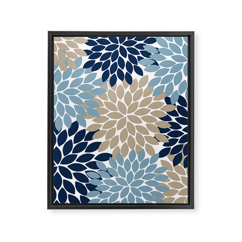 Navy Blue Tan Beige Flower Burst, Flower Petals, Floral Pattern Framed Canvas Print Gallery Image 8