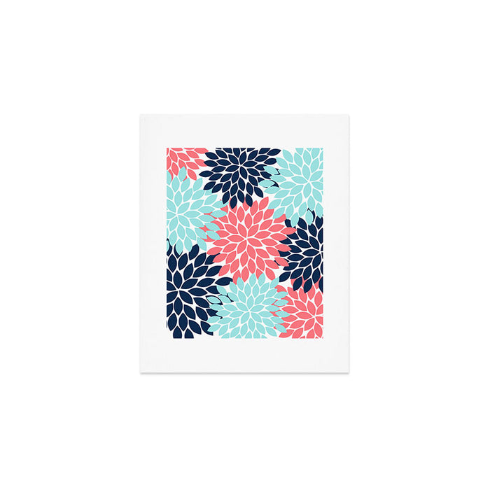 Navy Coral Aqua Floral Pattern Flower Burst Petals Art Print Gallery Image 1
