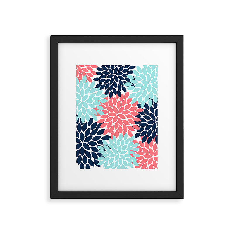Navy Coral Aqua Floral Pattern Flower Burst Petals Framed Art Print Gallery Image 6