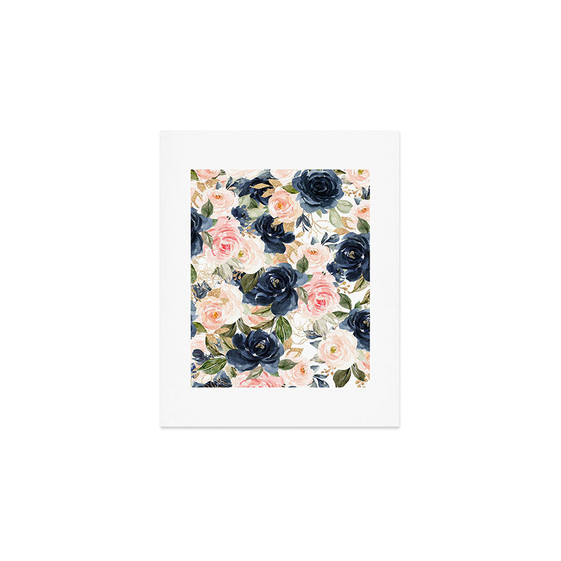 Navy Pink Watercolor Floral Pattern Nursery Flowers Art Print Gallery Image 1