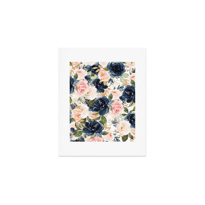 Navy Pink Watercolor Floral Pattern Nursery Flowers Art Print Gallery Image 1
