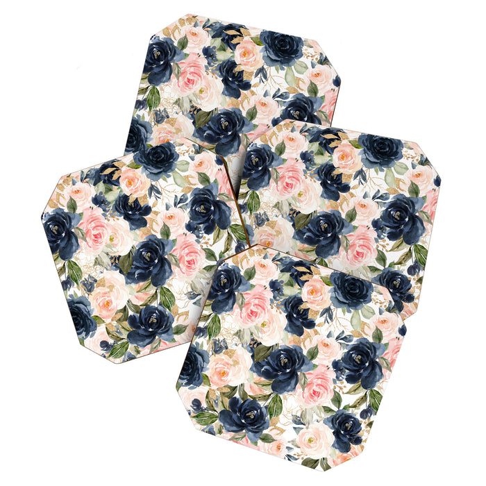 Navy Pink Watercolor Floral Pattern Nursery Flowers Coaster Gallery Image 1