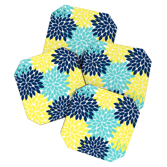 Navy Yellow Aqua Flower Pattern, Floral Pattern, Flower Petals, Flower Burst Coaster Gallery Image 1