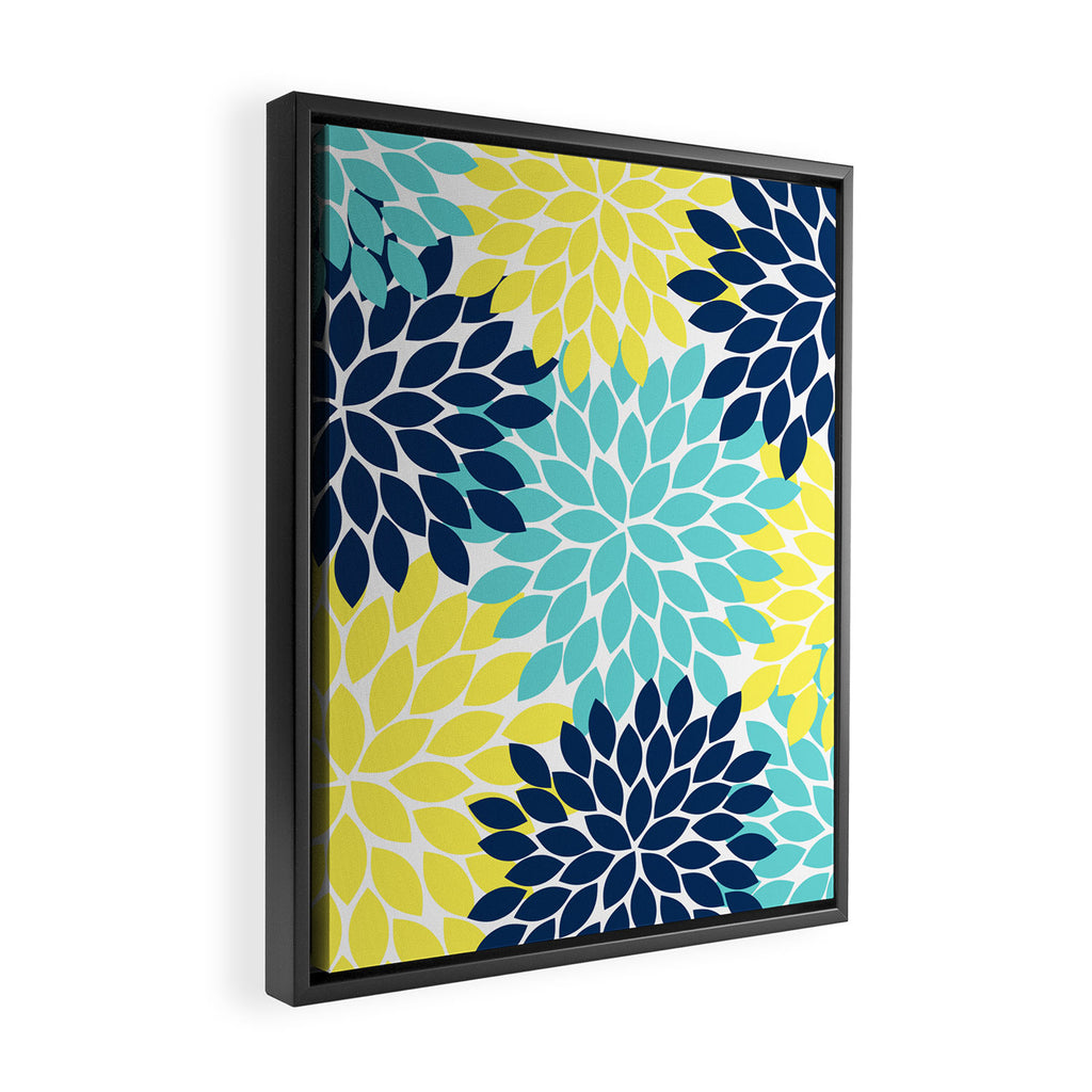 Navy Yellow Aqua Flower Pattern, Floral Pattern, Flower Petals, Flower Burst Framed Canvas Print Gallery Image 2