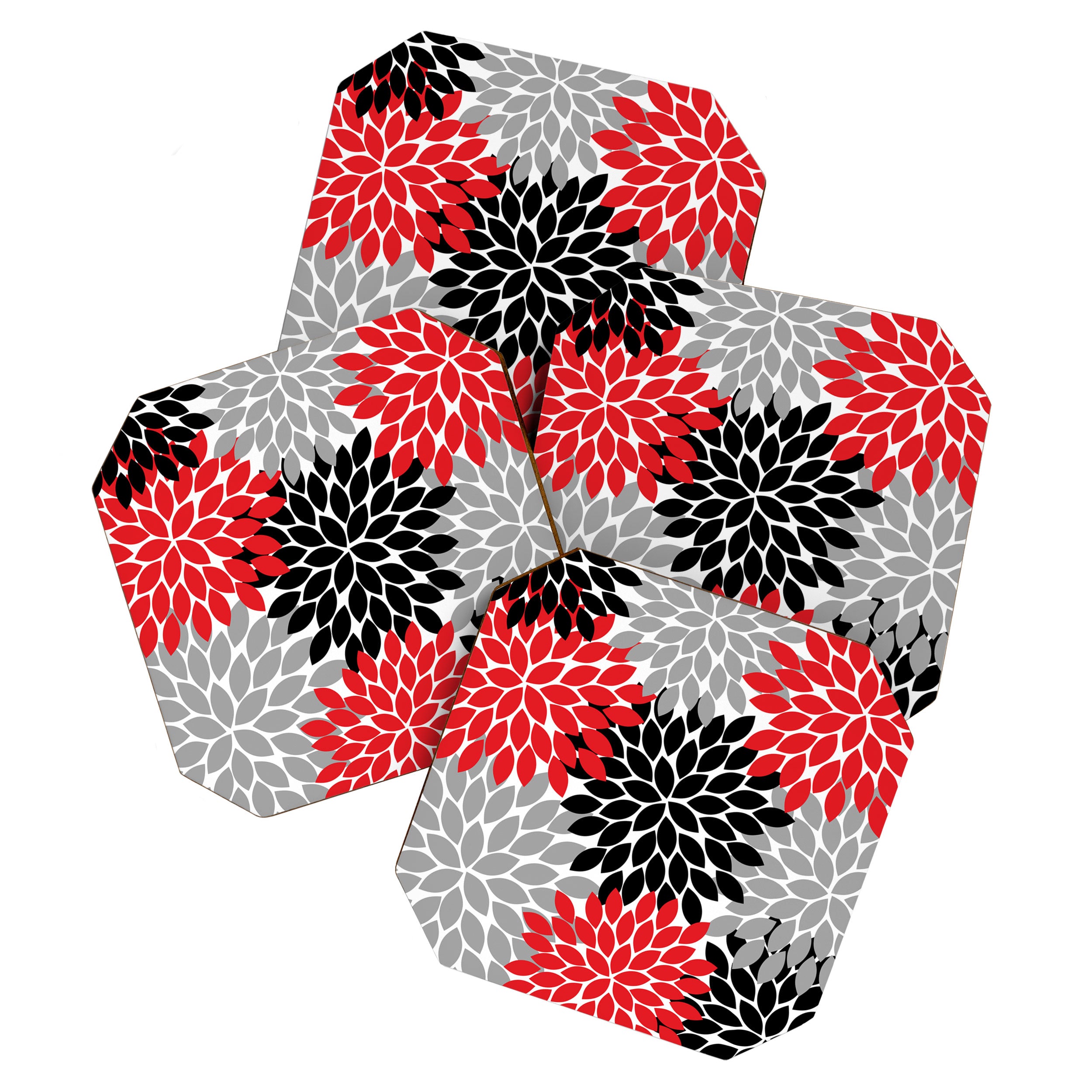 Red Black Gray Flower Pattern, Dahlia Flower Petals, Red Black Floral Pattern Coaster Gallery Image 1