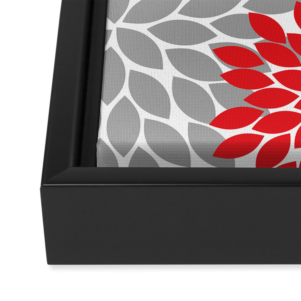 Red Black Gray Flower Pattern, Dahlia Flower Petals, Red Black Floral Pattern Framed Canvas Print Gallery Image 3