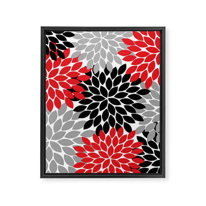 Red Black Gray Flower Pattern, Dahlia Flower Petals, Red Black Floral Pattern Framed Canvas Print Gallery Image 1