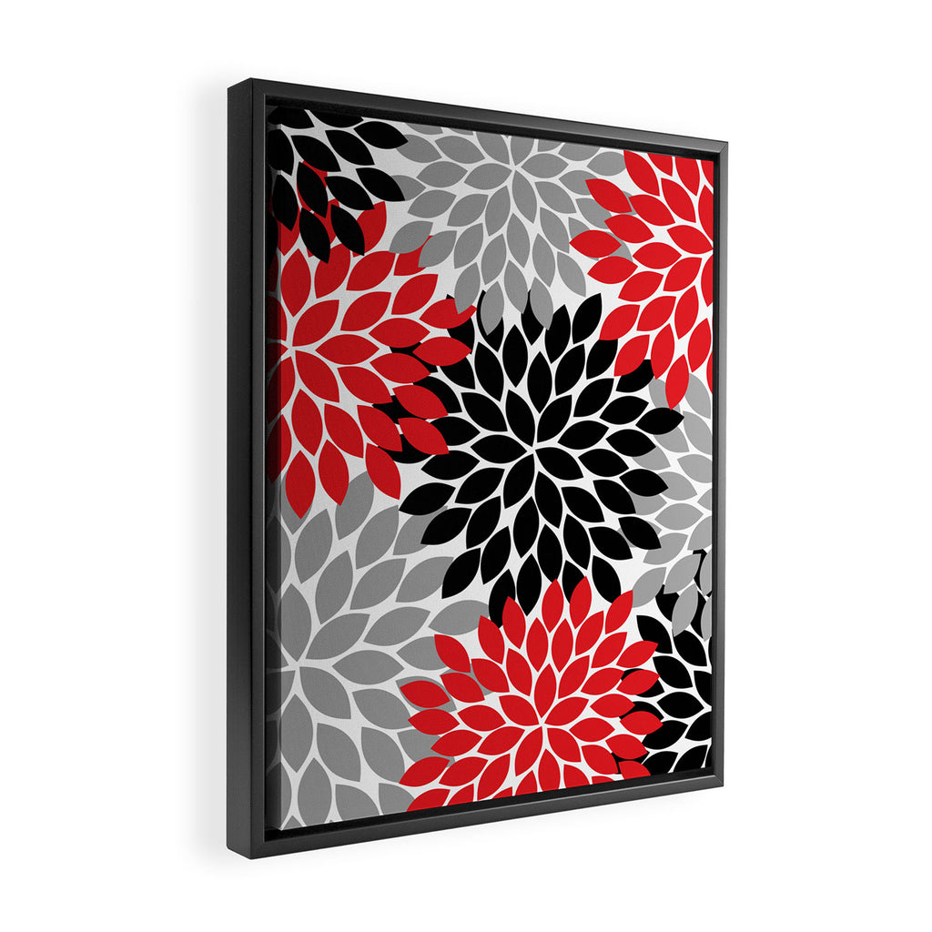 Red Black Gray Flower Pattern, Dahlia Flower Petals, Red Black Floral Pattern Framed Canvas Print Gallery Image 2
