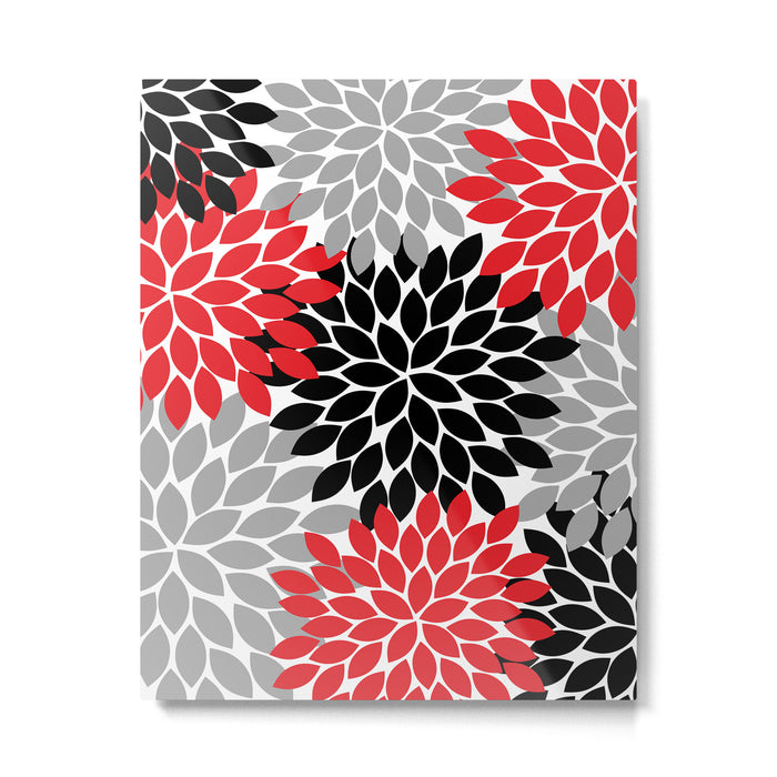Red Black Gray Flower Pattern, Dahlia Flower Petals, Red Black Floral Pattern Metal Print Gallery Image 1