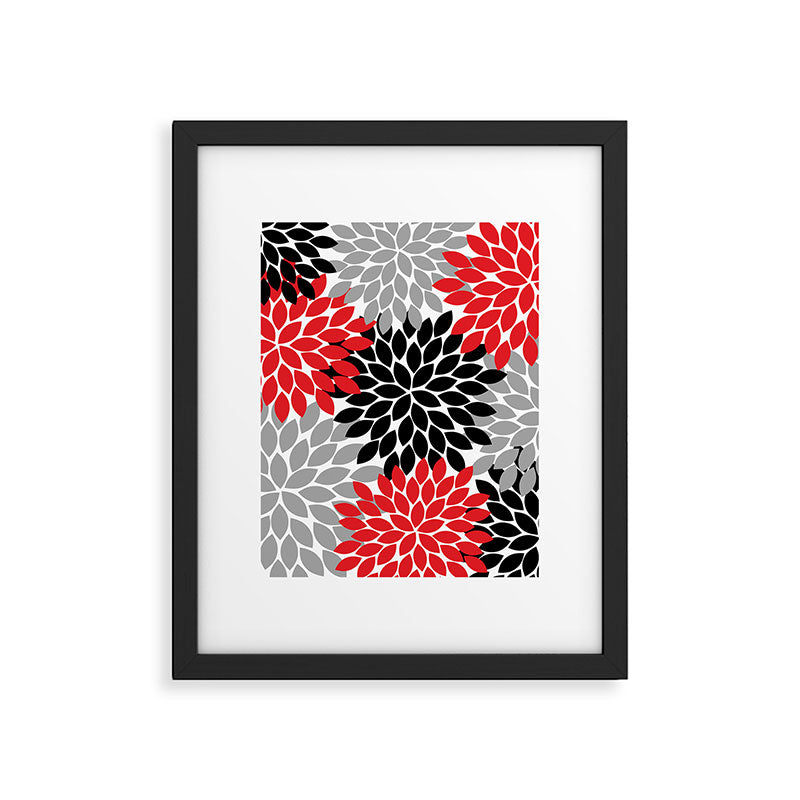 Red Black Gray Flower Pattern, Dahlia Flower Petals, Red Black Floral Pattern Framed Art Print Gallery Image 6