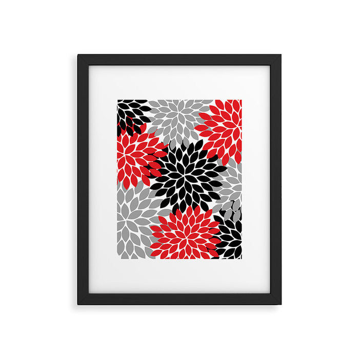Red Black Gray Flower Pattern, Dahlia Flower Petals, Red Black Floral Pattern Framed Art Print Gallery Image 1