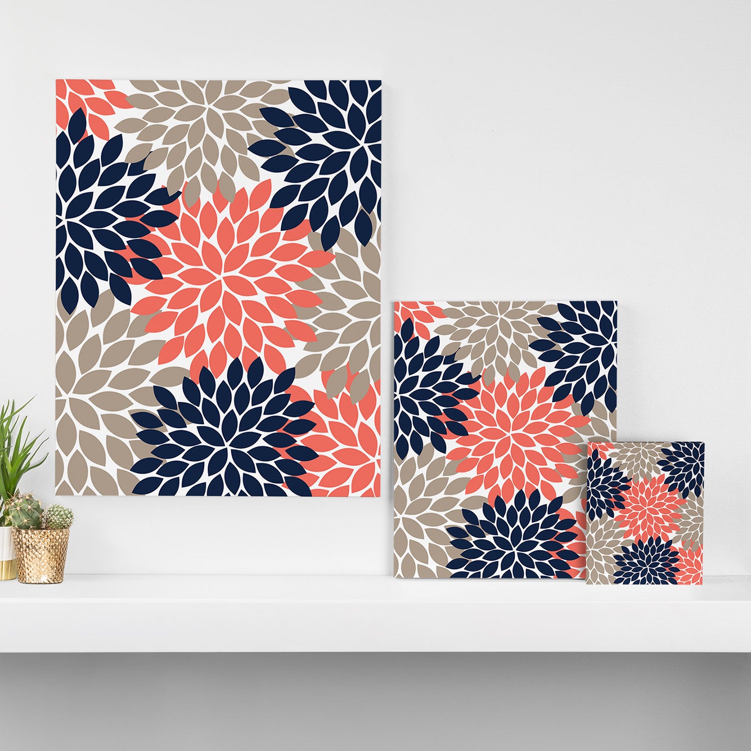 Tan Coral Navy Flower Burst Floral Pattern Canvas Print Gallery Image 3