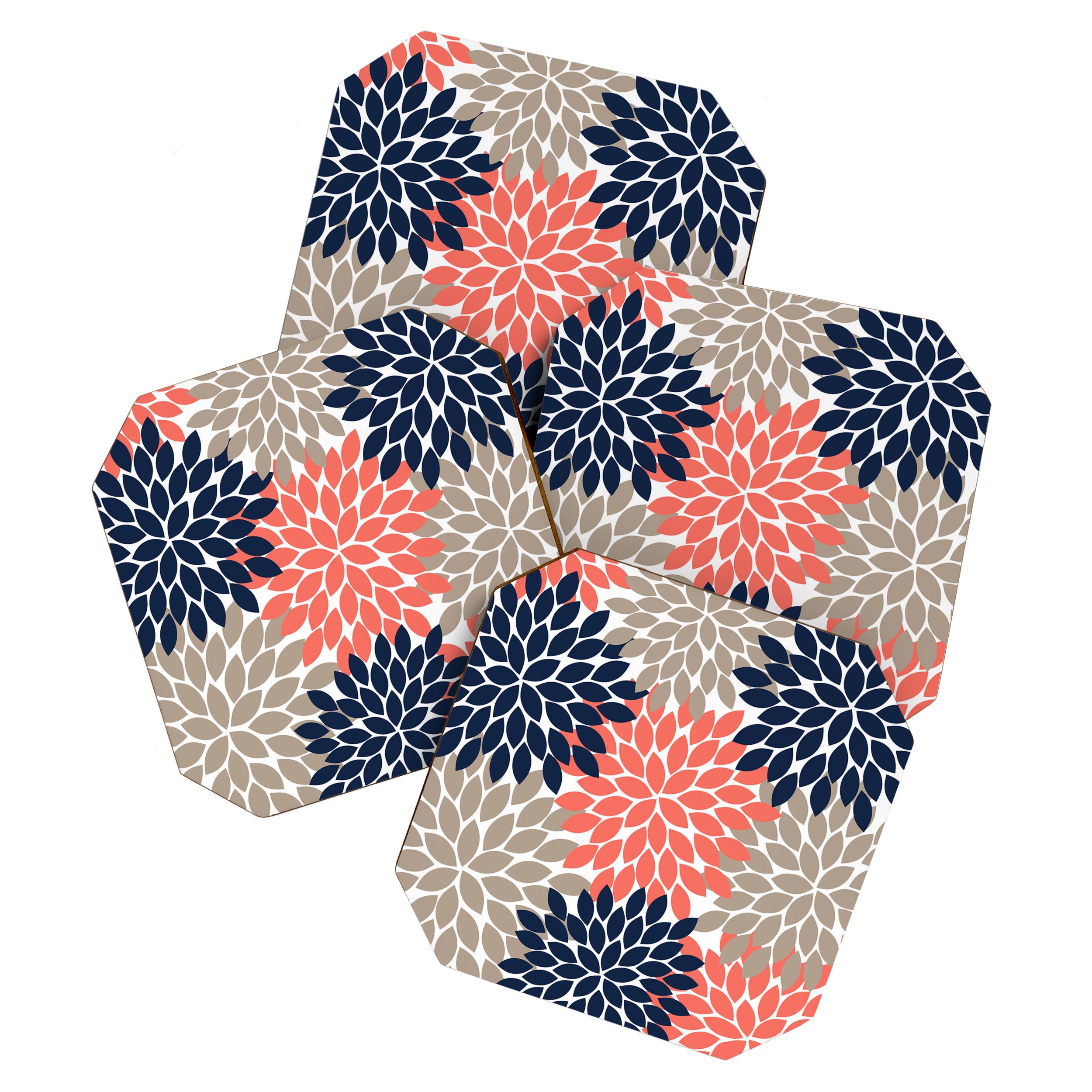 Tan Coral Navy Flower Burst Floral Pattern Coaster Gallery Image 1