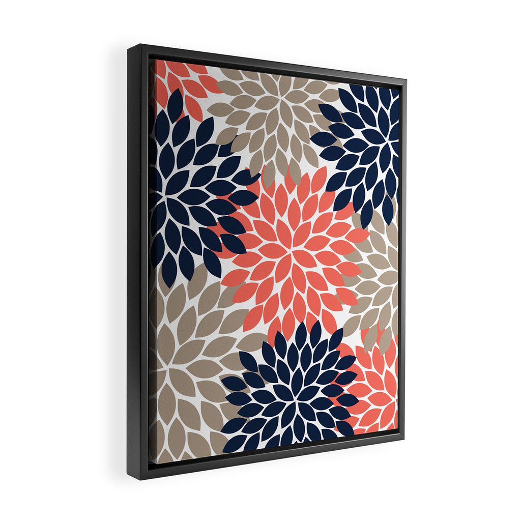 Tan Coral Navy Flower Burst Floral Pattern Framed Canvas Print Gallery Image 2