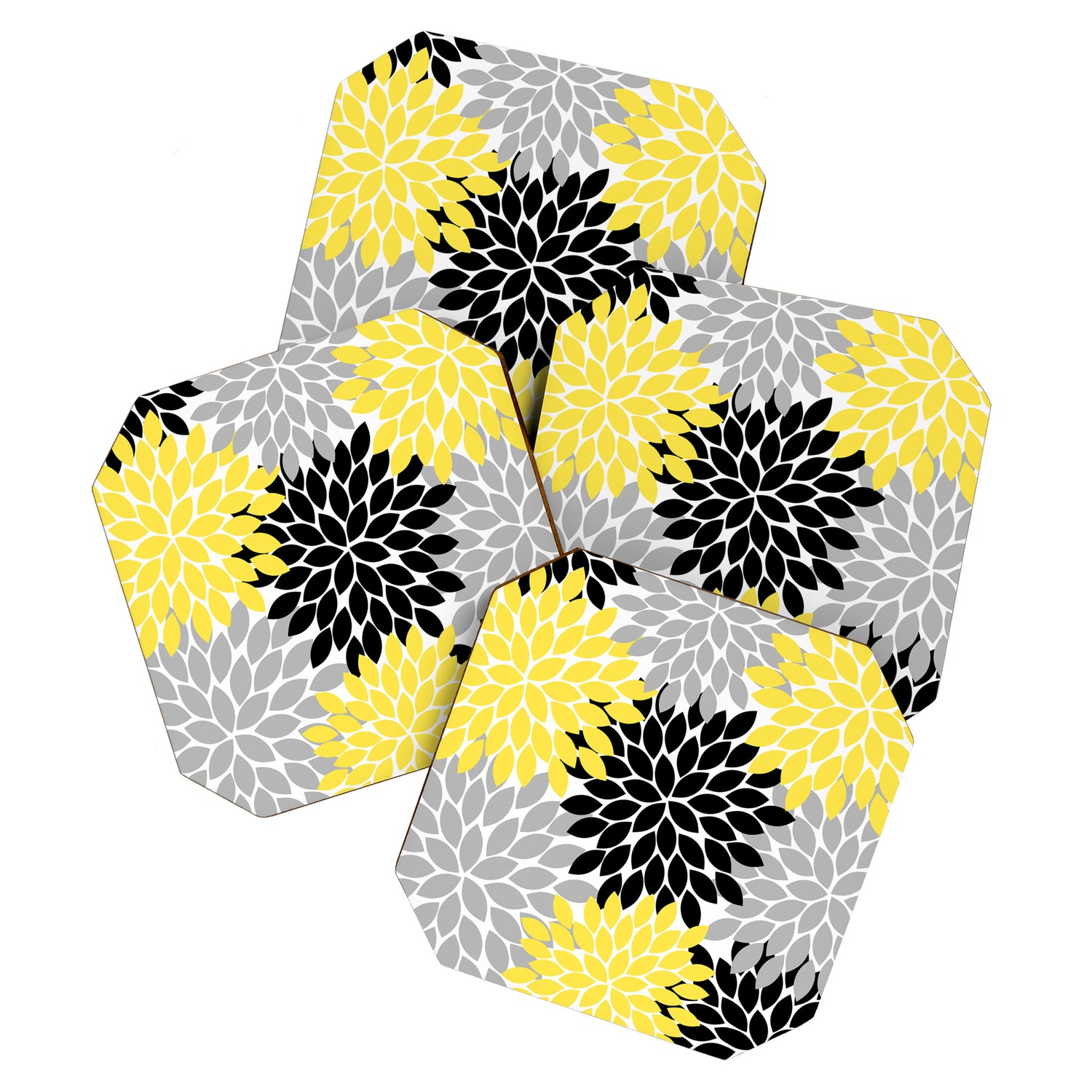 Yellow Black Gray Flower Burst Floral Pattern Coaster Gallery Image 1