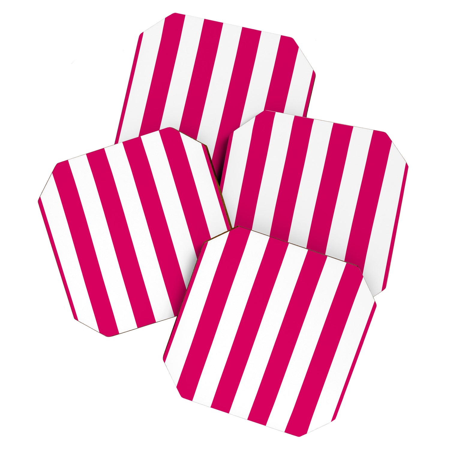 Bright Pink Peacock and White Wide Vertical Cabana Tent Stripe Coaster Gallery Image 1