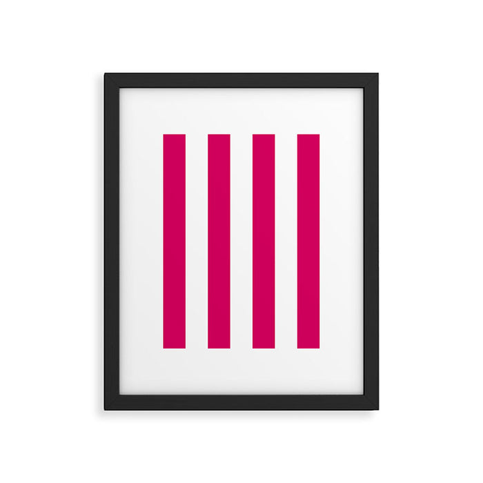 Bright Pink Peacock and White Wide Vertical Cabana Tent Stripe Framed Art Print Gallery Image 1