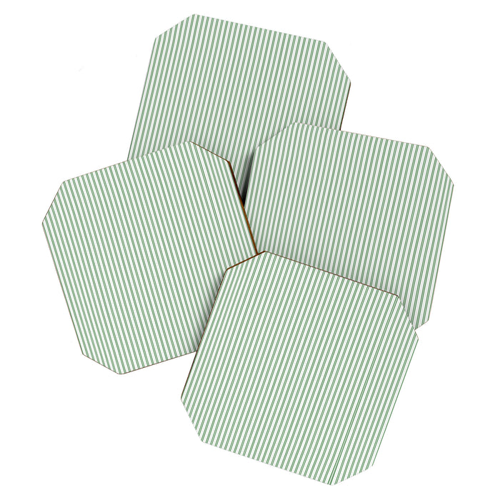 Fern Green and White Micro Vertical Vintage English Country Cottage Ticking Stripe Coaster Gallery Image 1