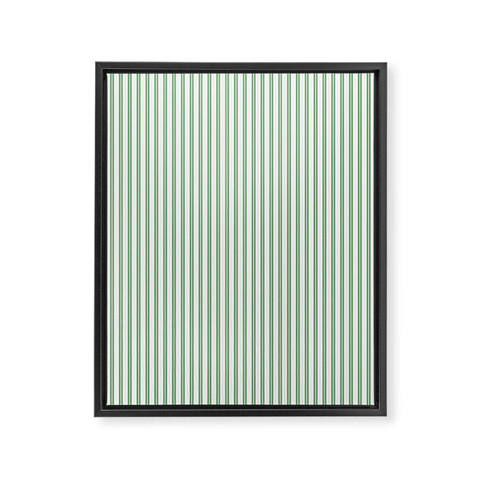Fern Green and White Micro Vertical Vintage English Country Cottage Ticking Stripe Framed Canvas Print Gallery Image 1