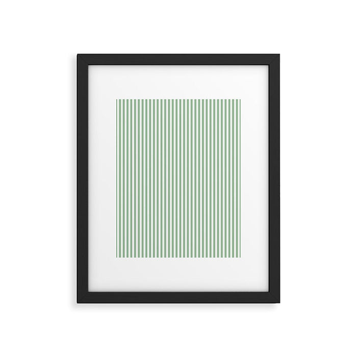 Fern Green and White Micro Vertical Vintage English Country Cottage Ticking Stripe Framed Art Print Gallery Image 1