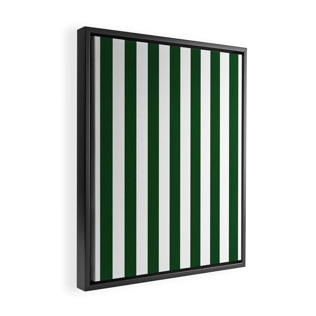 Large Forest Green and White Rustic Vertical Beach Stripes Framed Canvas Print Gallery Image 2