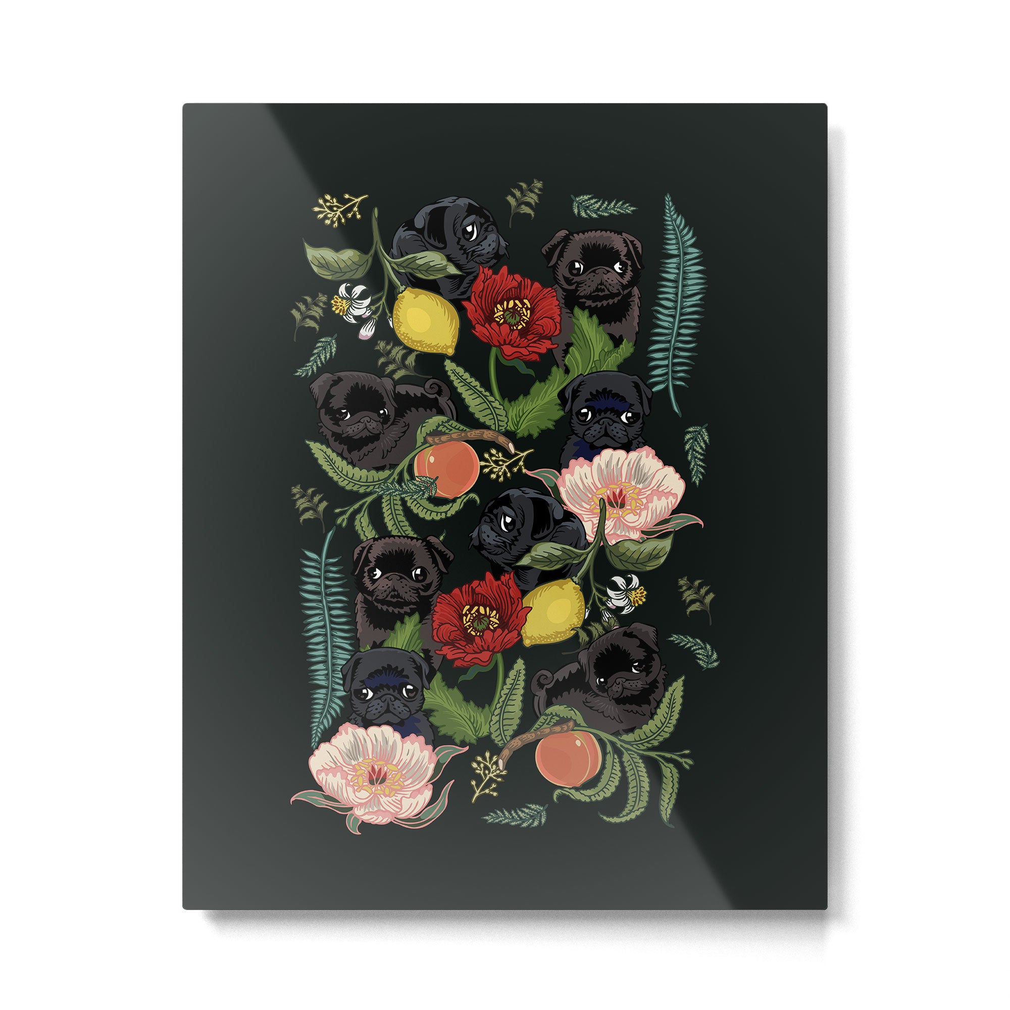 Botanical and Black Pugs Metal Print Gallery Image 4