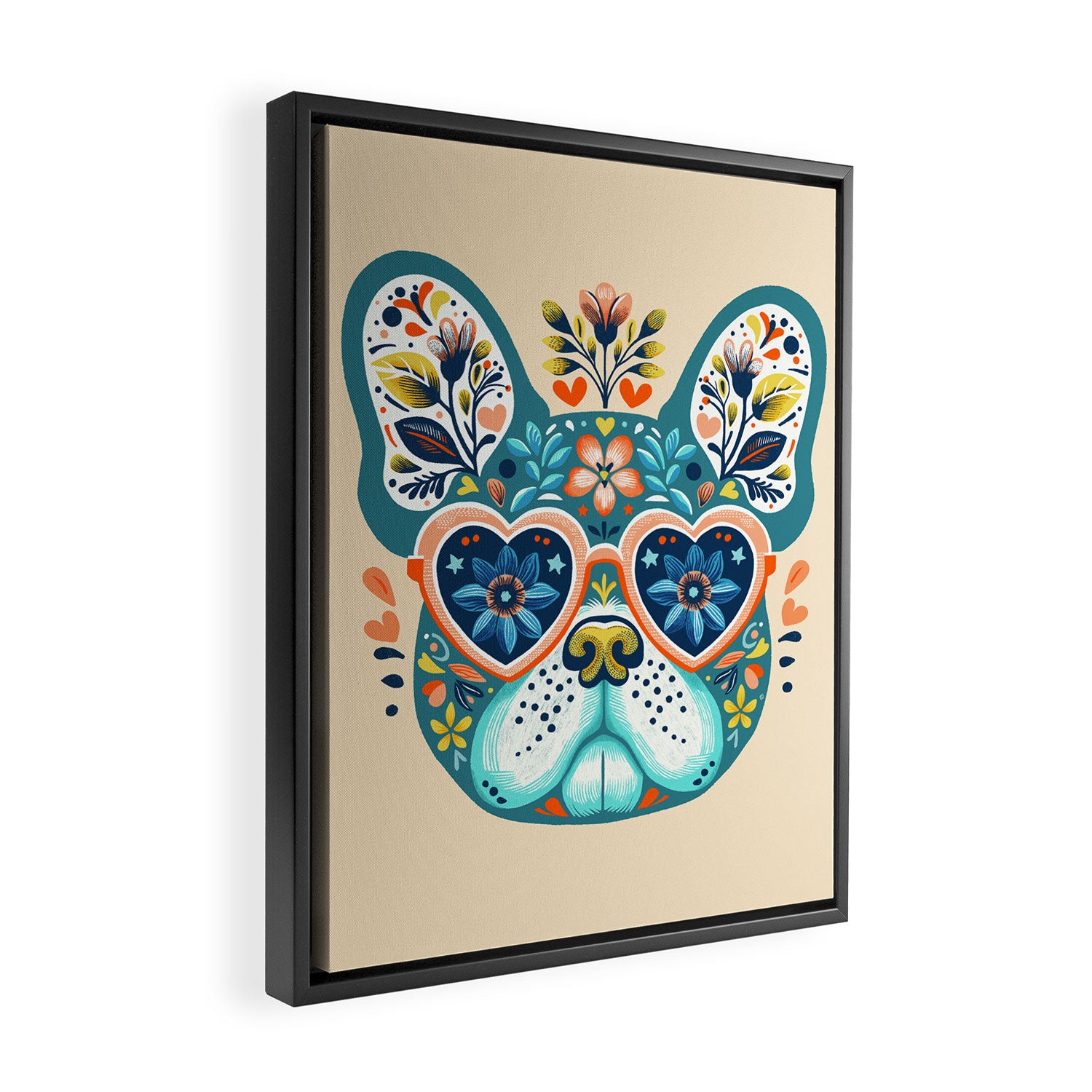 Cute French bulldog and heart shaped sunglasses  Framed Canvas Print Gallery Image 2