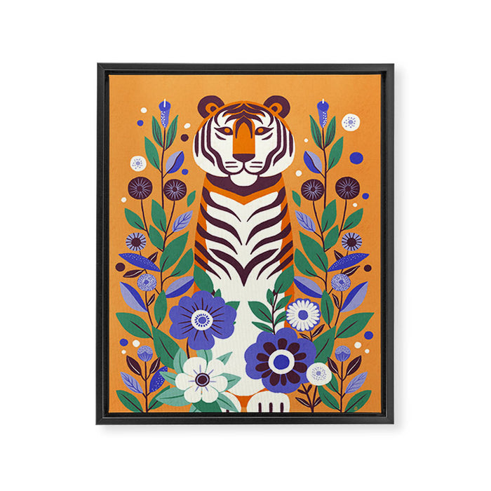 Floral Tiger in a Bold Jungle - Vibrant Botanical Wildlife Art Framed Canvas Print Gallery Image 1