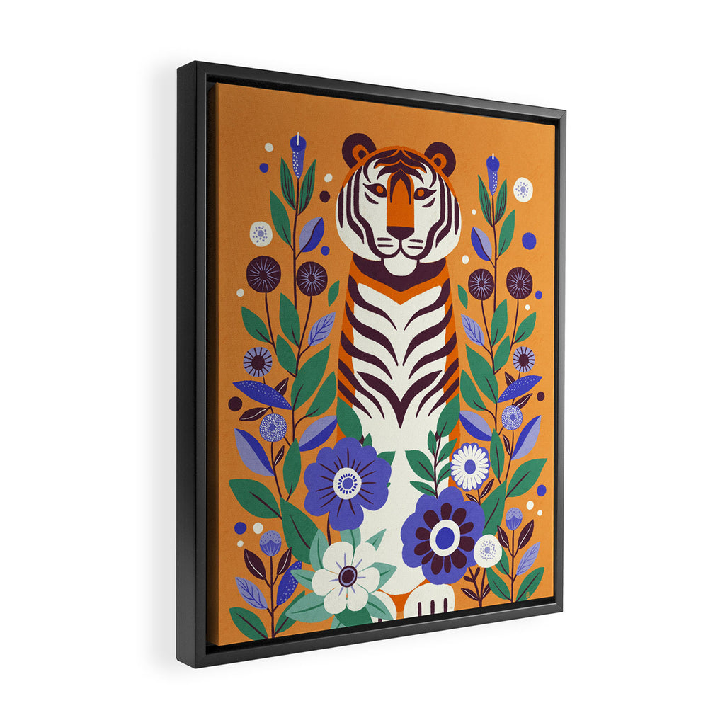 Floral Tiger in a Bold Jungle - Vibrant Botanical Wildlife Art Framed Canvas Print Gallery Image 2