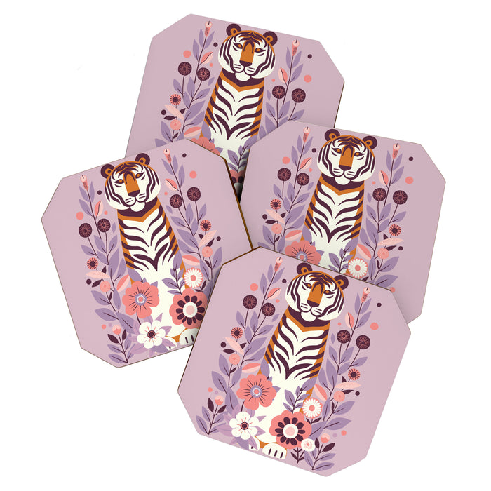 Serene Tiger in Blooming Garden - Pastel Floral Illustration Coaster Gallery Image 1